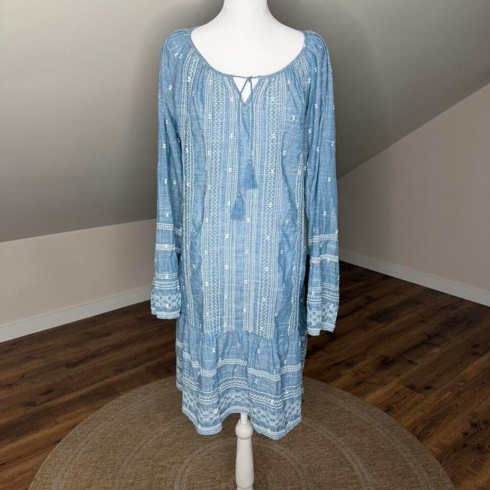 NWT Sonoma Embroidered Chambray Blue Boho Peasant Dress XXL Cottagecore